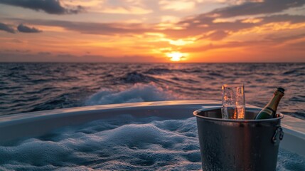 Wall Mural - A serene sunset over the ocean with a champagne bucket and glasses, perfect for relaxation.