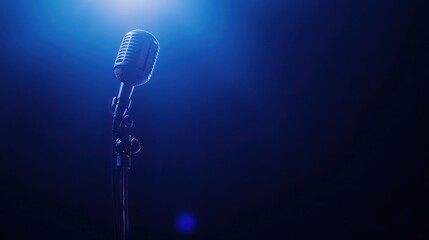 Wall Mural - A vintage microphone stands under a blue spotlight, suggesting a performance or event.