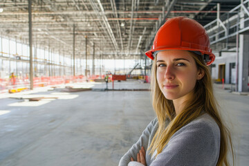 Young female intern in a helmet at a construction site.