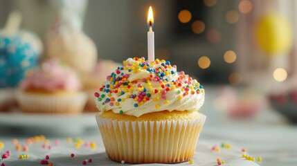 Poster - A colorful cupcake with a lit candle, perfect for celebrations and birthdays.