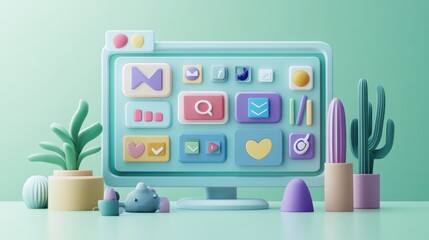 A colorful, playful computer screen displaying various app icons and decorative plants.