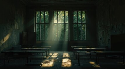 Canvas Print - A dimly lit classroom with sunlight streaming through large windows, highlighting dust particles.