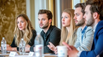 Sticker - A group of individuals engaged in a discussion at a conference table.