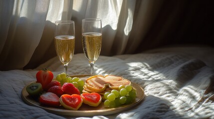 Poster - A cozy breakfast featuring heart-shaped pancakes, fresh fruits, and sparkling drinks.