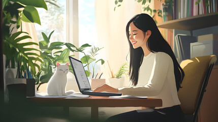 Happy Female Asian woman working from home, Woman work remotely at home office, concept for modern and digital work like digitalnomads, illustration