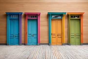 A wooden door with a colorful, featuring blue and green accents among wooden wall buildings