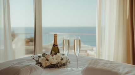 Sticker - A romantic setting with champagne and flowers overlooking the ocean.