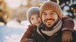 © Julija - Father with son have fun at winter forest, winter holidays, Christmas time.