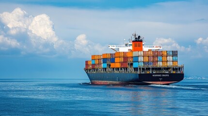 A shipping vessel carrying freight containers across calm seas for international exports and imports. No logos.