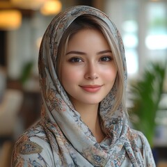 Poster - Portrait of a Beautiful Woman Wearing a Floral Headscarf