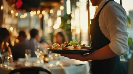 A server at a fine dining establishment holding a tray of appetizers, walking toward a table of diners in an elegant room.