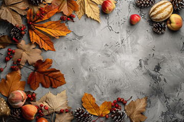 Wall Mural - pumpkins, autumn leaves, berries, and pine cones on a dark background