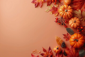Wall Mural - pumpkins, autumn leaves, berries, and pine cones on a dark background