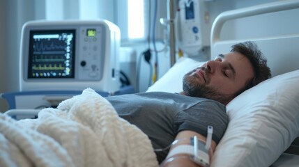 A man is sleeping in a hospital bed with a monitor next to him