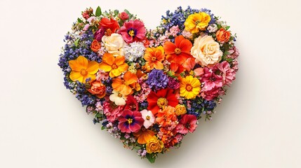 Wall Mural - Colorful abstract heart crafted from fresh spring flowers, realistic illustration, great for Valentine’s Day or festive celebrations.