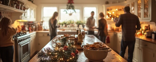 Family gathering in cozy kitchen with holiday decor and warm lighting, preparing food during festive Christmas season