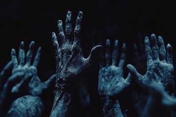 Poster - Zombie hands rising in dark Halloween night - generative ai