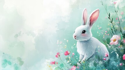 A cute white rabbit sitting among colorful flowers in a serene, dreamy landscape with soft pastel tones.