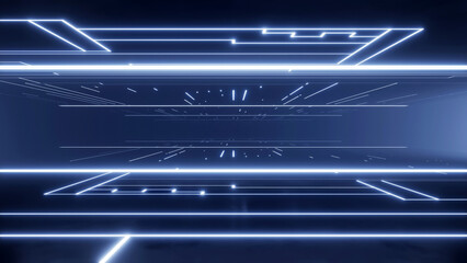 Poster - Abstract of dark sci-fi tunnel, Futuristic spaceship neon light corridor