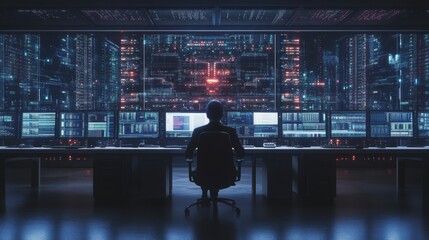 Cybersecurity analyst monitors data networks in futuristic control room
