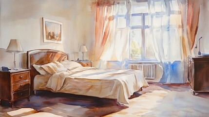 Sticker - A bedroom with a bed, nightstand, and lamp. The bed is white and the curtains are open, letting in sunlight. The room has a peaceful and relaxing atmosphere