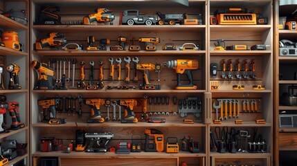 A wide selection of power tools neatly organized on shelves