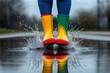 © Rebecca Jestico - Close-up shot of vibrant rain boots wellies jumping in a puddle sending splashes of water in all directions.