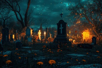 Wall Mural - Halloween day concept. Cemetery or graveyard in the night with dark sky. Haunted cemetery. Spooky and creepy burial ground. Horror scene of graveyard. Funeral concept. Halloween day - generative ai