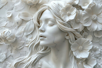 Canvas Print - 3D relief woman and flowers background wallpaper generative ai