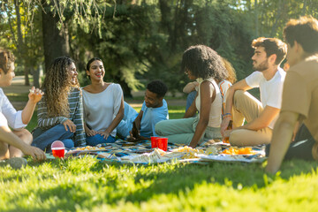 A group of friends enjoys a picnic together in a sunny park, laughing and chatting while sitting on a blanket surrounded by snacks.