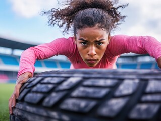 An athlete with curly hair and a pink top intensely pushes a large tire on a sports field, highlighting determination, strength, and dedication in fitness.