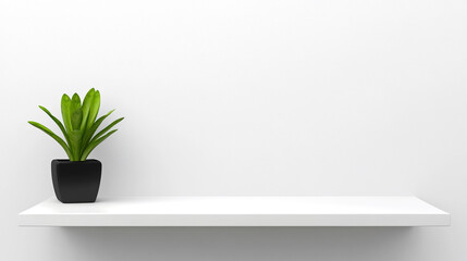 Minimalistic white shelf with flower in pot on it. Suitable for displaying products.