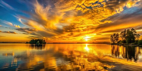 Wall Mural - A stunning yellow sunset casts a golden glow over serene waters, framed by dark silhouettes of trees and softly swirling cloud patterns above.