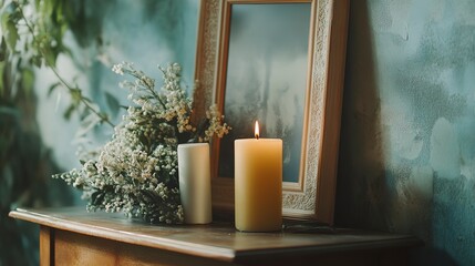 Poster - A simple and elegant still life scene featuring a photo frame, candle, and wreath., Ideal for use in projects related to remembrance, sympathy, or home decor. 