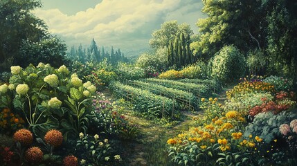 Poster - A painting of a flourishing garden with a growing chart, representing organic growth. image 