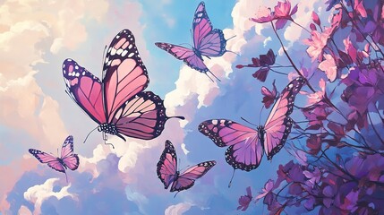 Canvas Print - A painting featuring pink and purple butterflies fluttering against a sky backdrop.  