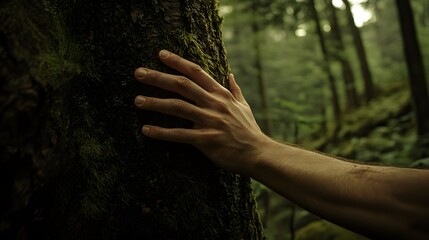 Wall Mural - A person gently holding and kissing the trunk of an old tree in a forest, with moss on its bark, symbolizing care for nature