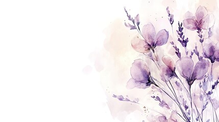 Poster - A detailed watercolor painting featuring lavender flowers on a clean white background. The delicate purple flowers are intricately depicted with soft brushstrokes. Banner. Copy space 