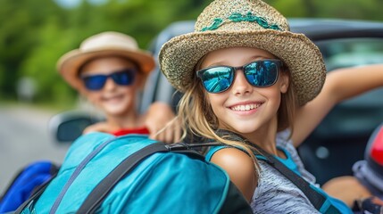 Poster - A closeup of a family embarking on a long weekend road trip 