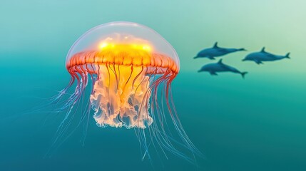 Colorful jellyfish swimming gracefully in the ocean with dolphins in the background.