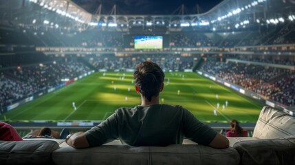 A man is sitting on a couch in a stadium watching a soccer game