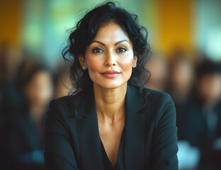 
A photo of an attractive indian woman in her 60's with dark curly hair and hazel eyes, wearing business attire