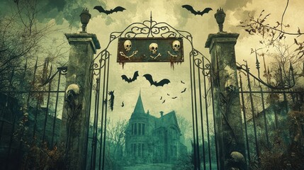 This vintage Halloween sign features a gothic gate adorned with skulls and bats, set against an eerie backdrop, perfect for capturing the spooky spirit of autumn.