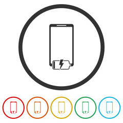 Sticker - Mobile phone battery charging icon. Set icons in color circle buttons