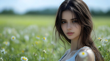 Poster - A Girl Smiles in a Field of Daisies, Capturing Summer Beauty