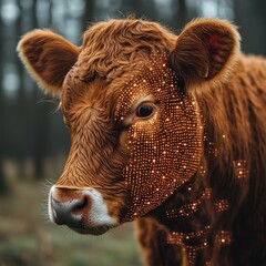 Wall Mural - Close Up of a Brown Cow with Orange Lights