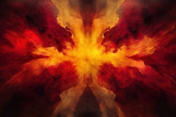 Wall Mural - Dramatic fire and smoke effect glowing red and yellow colors exploding outwards with center space. Vivid and hot hell abstract or blazing fire background or wallpaper - generative ai