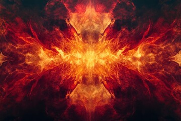 Wall Mural - Dramatic fire and smoke effect glowing red and yellow colors exploding outwards with center space. Vivid and hot hell abstract or blazing fire background or wallpaper - generative ai