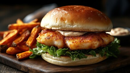 Wall Mural - Delicious Fish Burger with Sweet Potato Fries