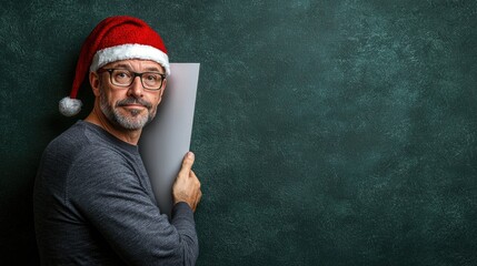 Man in Santa hat holding a sign against a green backdrop